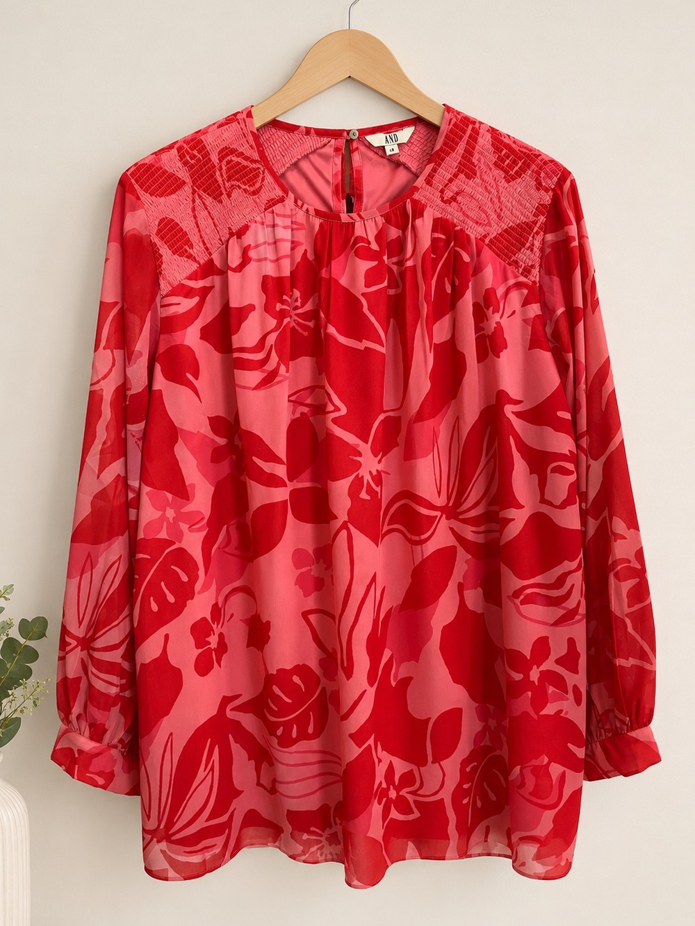 AND Floral Print Smocked Yoke Blouse Pink Red Long Sleeve Top Size 18